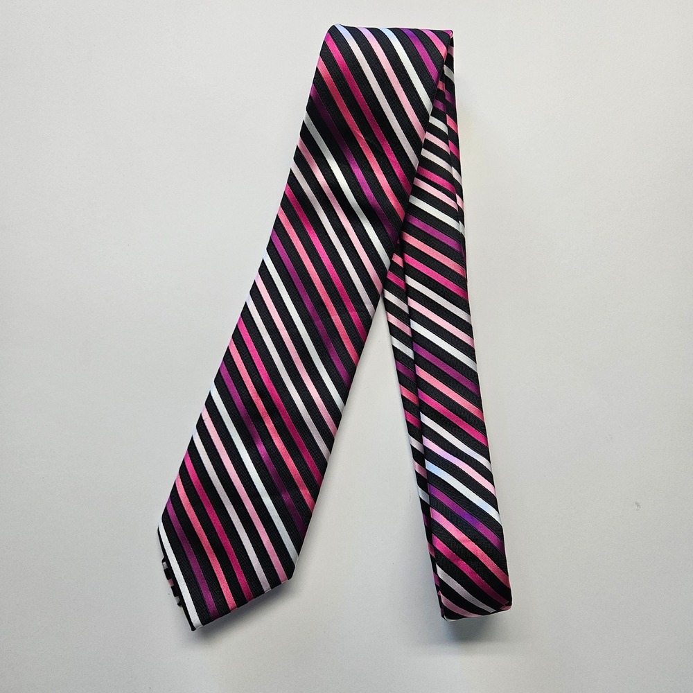 Pierre Cardin Mens Necktie Pink Magenta White Black Striped‎ Hand Made Tie